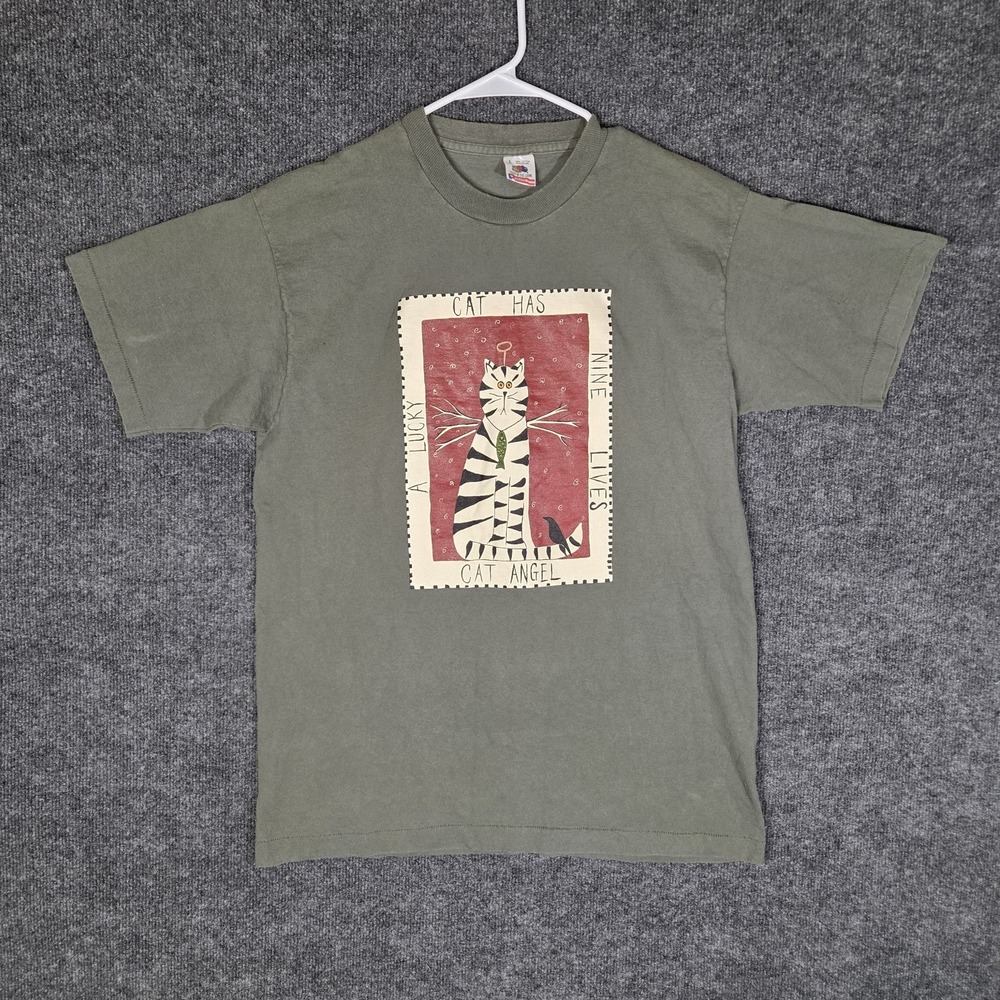 Vintage 90s Cat Angel Graphic T Shirt Large Fruit Of The Loom USA Single Stitch